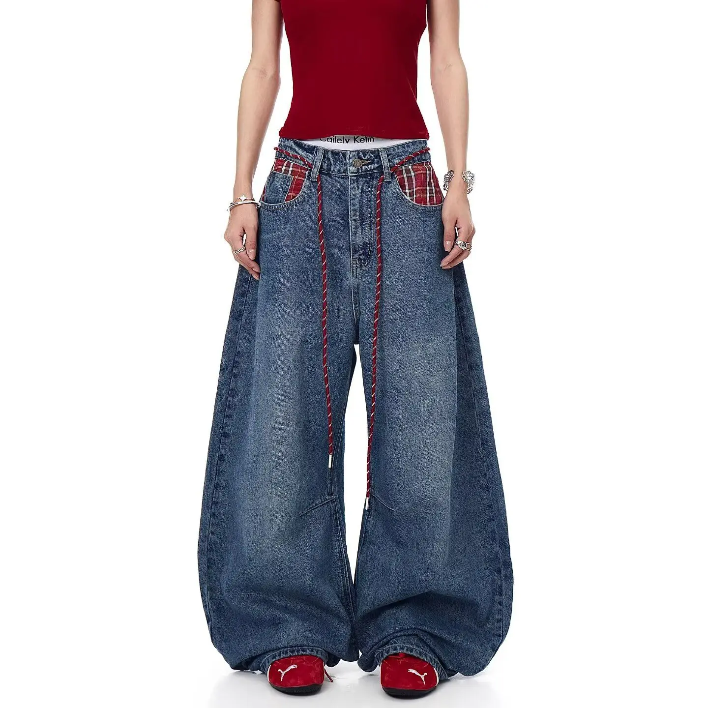 

Y2K Checkered Jeans Men Women Denim Patchwork American Streetwear Waistband Retro Wide Leg Straight Floor Trousers