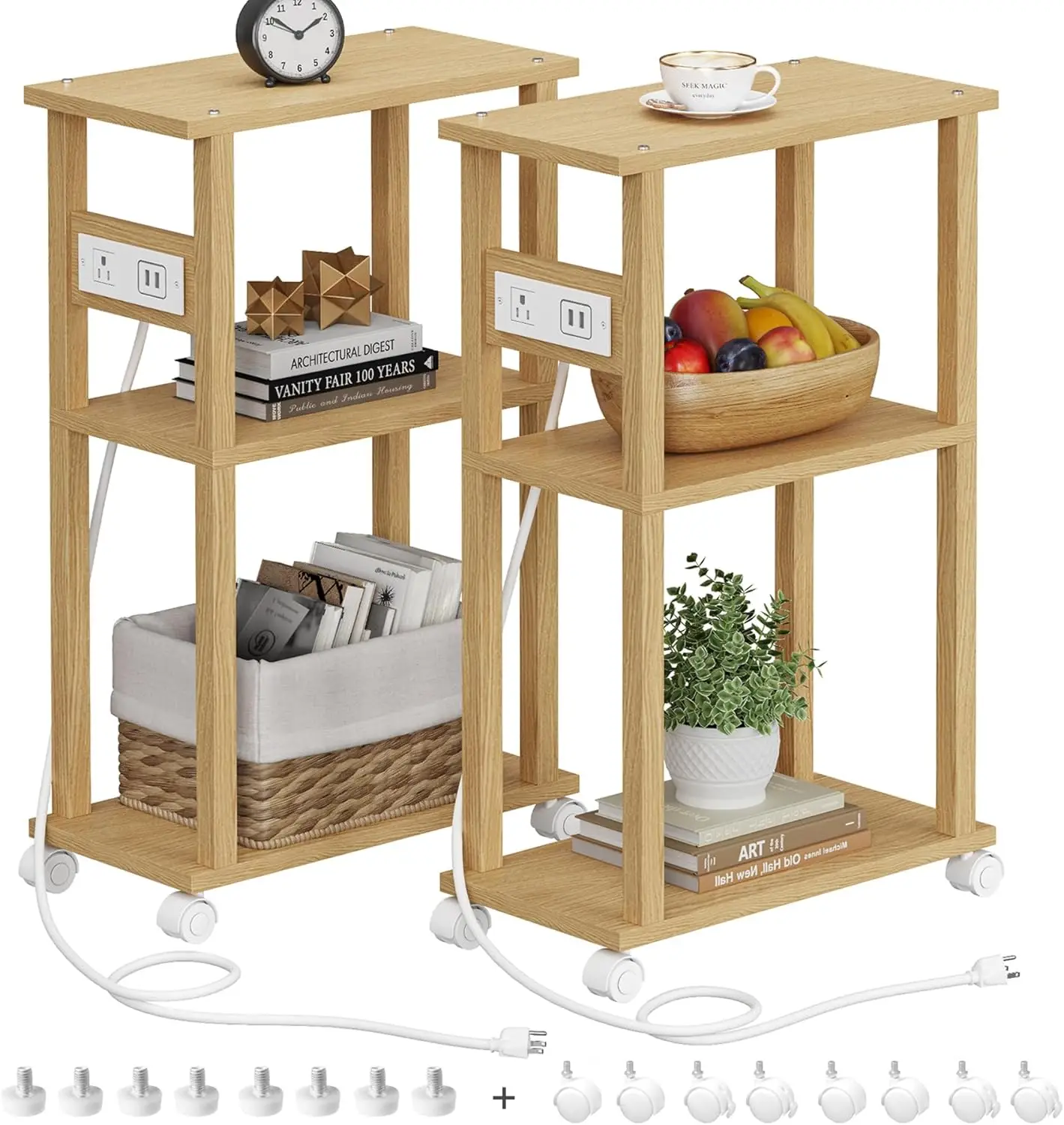 

Small Narrow Side Table with Charging Station, Skinny End Table for Small Spaces, Slim Nightstand with USB Ports and Outlet,