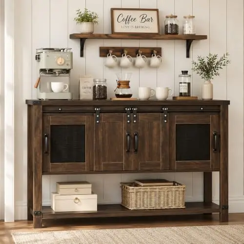 Farmhouse Coffee Bar Cabinet with Sliding Barn Door, 47