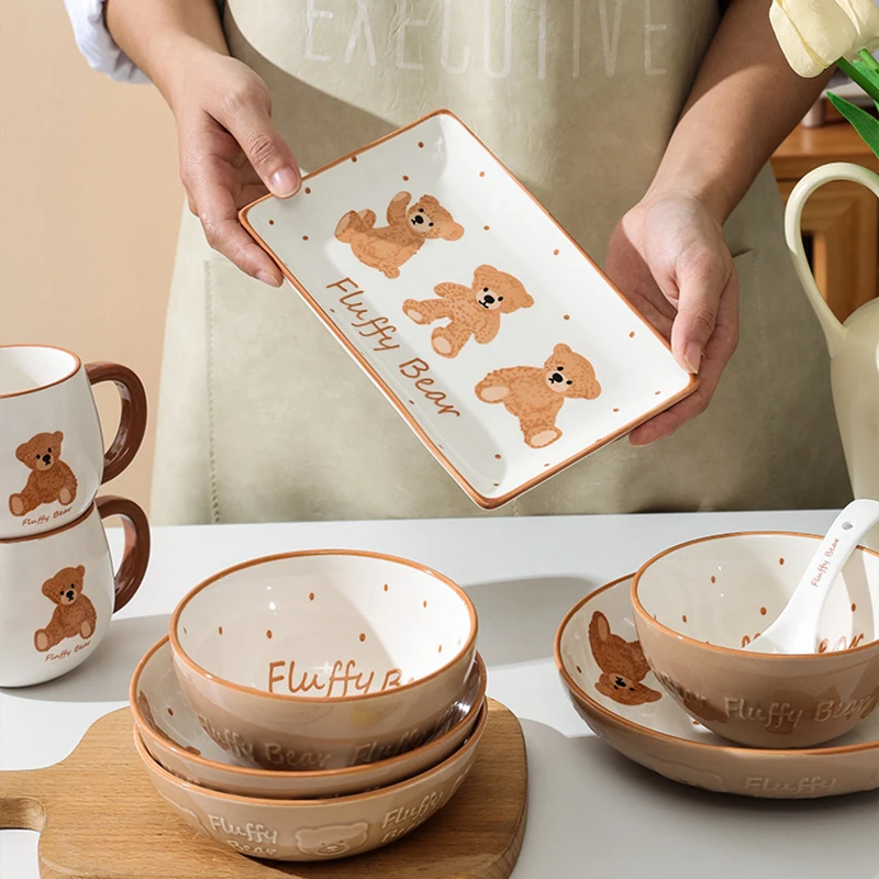 Lovely Bear Dinnerware Ceramic Dinner Plate Rice Soup Bowl Rectangle Sushi Plate Milk Mug Microwave Oven Safe