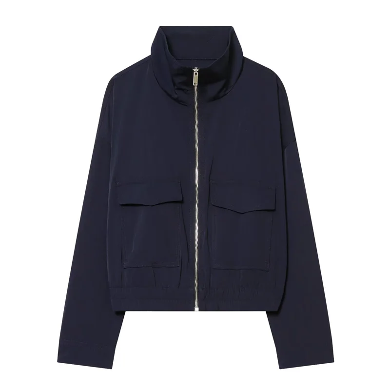 Abrigo de Mujer, Primavera 2026, Nuevo Estilo, Azul Marino, Manga Larga, Cuello Alto, Bolsillos Decorativos, Chaqueta Casual a la Moda