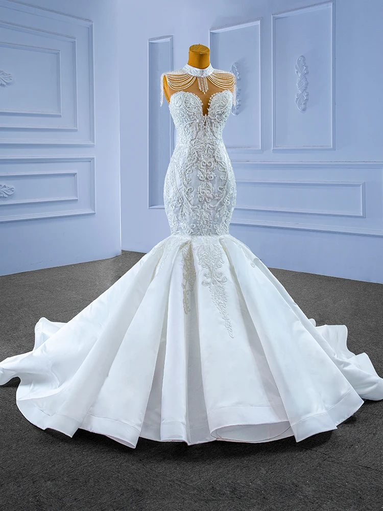 Rsm67532 High Neck Mermaid Lace Luxury Wedding Gown New Satin Bridal Dresses