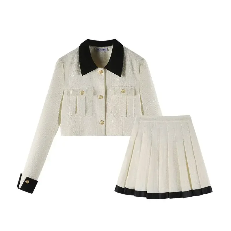 French Style Uniform Short Coat High Waisted Pleated Skirt two-piece College Style Uniform  Women Autumn Winter Dress Set