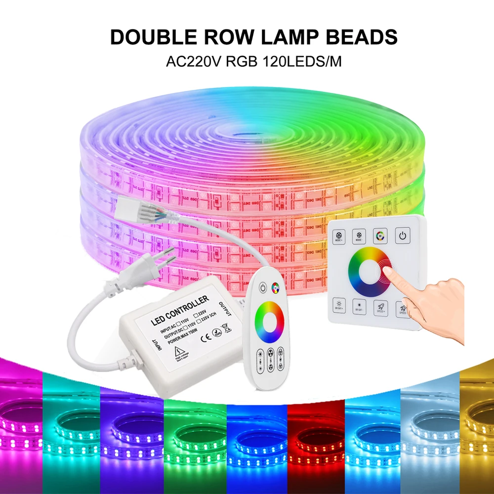 5050 220V RGB LED Light Strip With EU UK AU Power Plug Remote Control 120LEDs/M High Bright Flexible IP67 Waterproof Home Decor