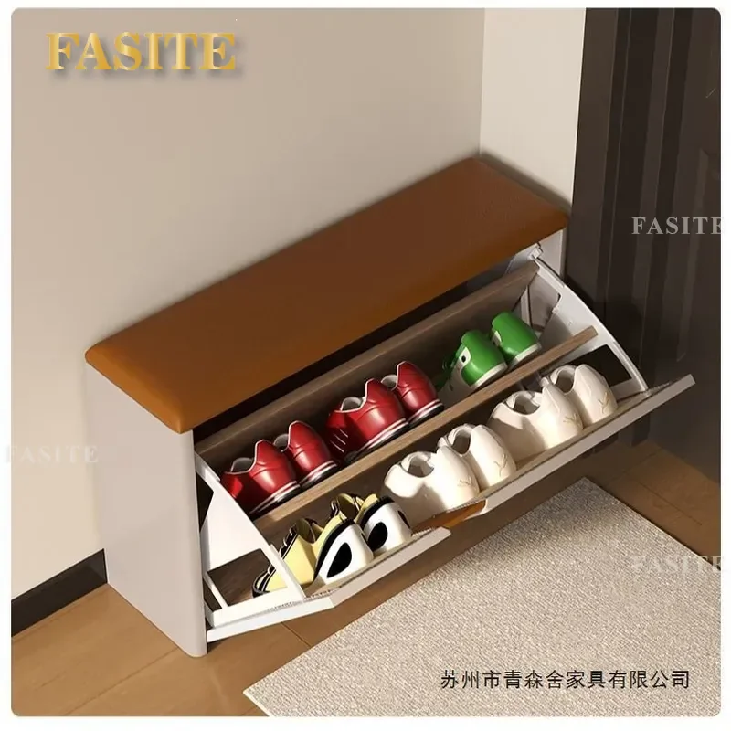 For Home Ultra Narrow Solid Wood Shoe Changing Stool with 24 Tipping Buckets Integrated Thin Shoe Rack Cabinet Sit at Door