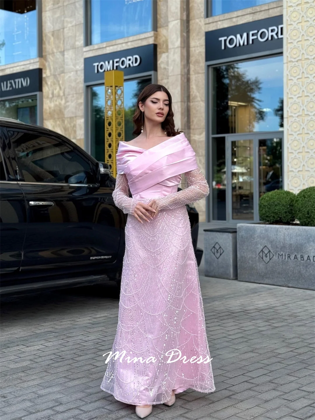 

Mina Customized Beads Evening Dress Luxury Elegant Party Dresses Woman Sequins. V-neck Dropped Shoulders Formal Occasion Dresses