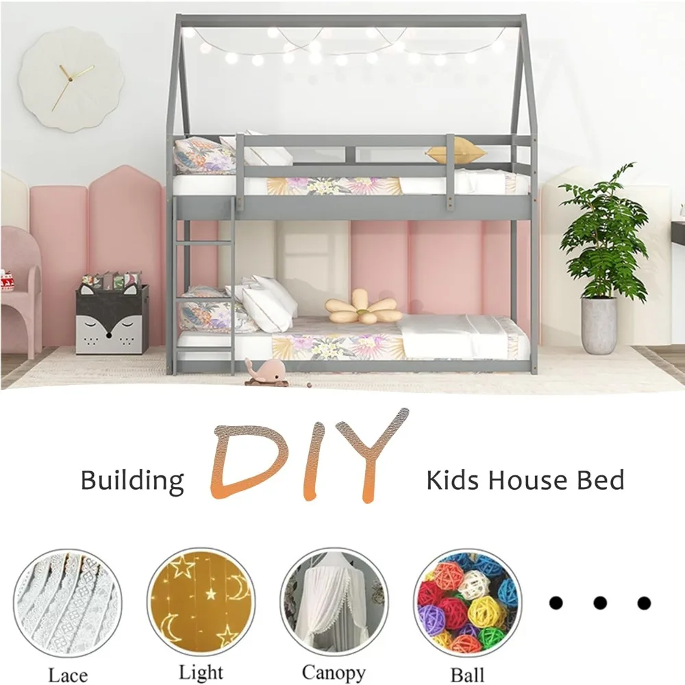 سرير توأم بطابقين للأطفال، أرضية خشبية، سلم ودرابزين، رمادي #5