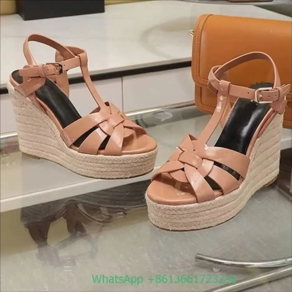 

Cross Straps Open Toe Wedges Sandals Women Solid Color Open Toe Real Patent Leather Espadrilles Shoes Newest Summer 14cm Heels