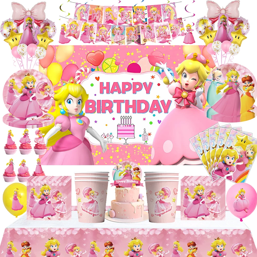 Juego de Vajilla de Fiesta de la Princesa Peach de Dibujos Animados, Decoración con Globos, Artículos para Fiestas de Cumpleaños Infantiles, Artículos para Baby Shower