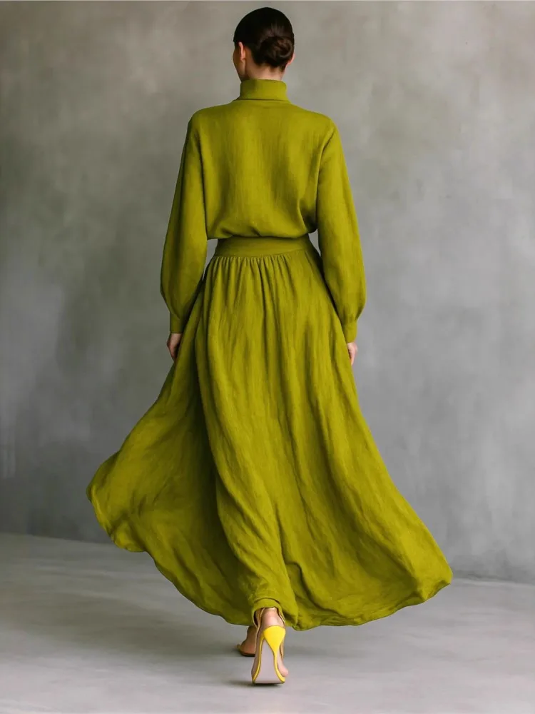 New Retro Solid Woman Elegant O Neck Long Sleeve Top Pullovers And Pleated Skirts Suits Spring Autumn Loose Part Two Piece Set - Image 5