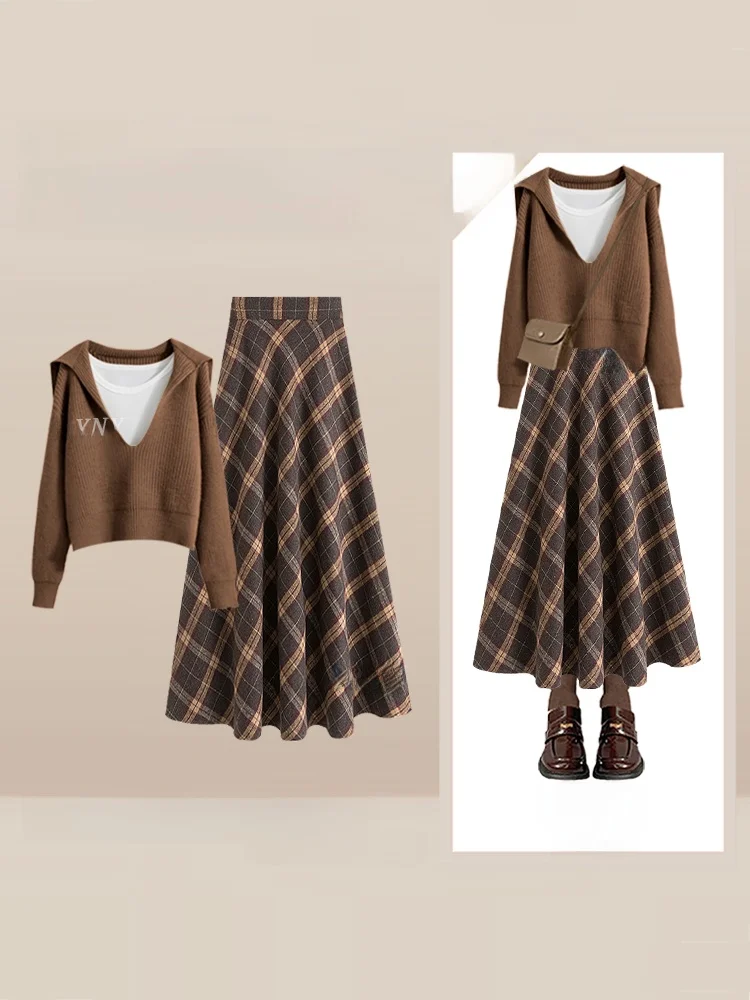 

Свободная вязаная шапка, женская клетчатая юбка, комплект, осень-зима, винтажный повседневный модный наряд, маленький размер, одежда для ленивых