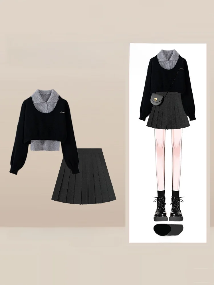 

Осень-зима, женский модный комплект для колледжа, свободный длинный све, вязаная юбка и юбка, комплект из двух предметов, корейский свободный крой