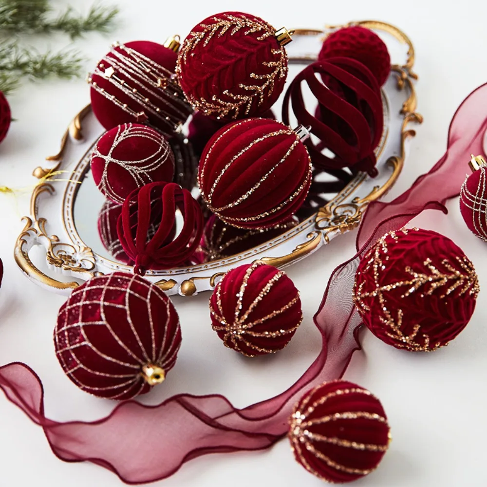 4pcs 6/8cm Wine Red Flocking Christmas Balls Sparkling Various Style Combinations Christmas Tree Ornament Balls Sequined