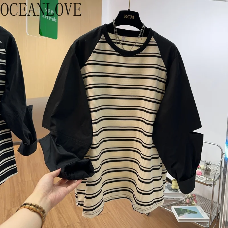 OCEANLOVE T Shirt for Women Stripes Korean Fashion Vintage Spring Autumn Ropa De Mujer Fake 2 Pieces Loose Camisetas Tops