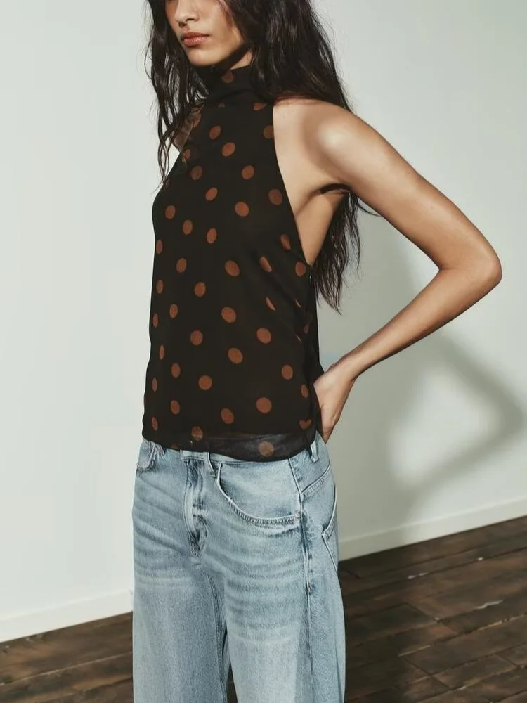 

Chic Polka Dot Hanging Neck Sleeveless Top Women Backless Lace Up Waist Cinching Short Tops Lady Commute Street Casual Outwear