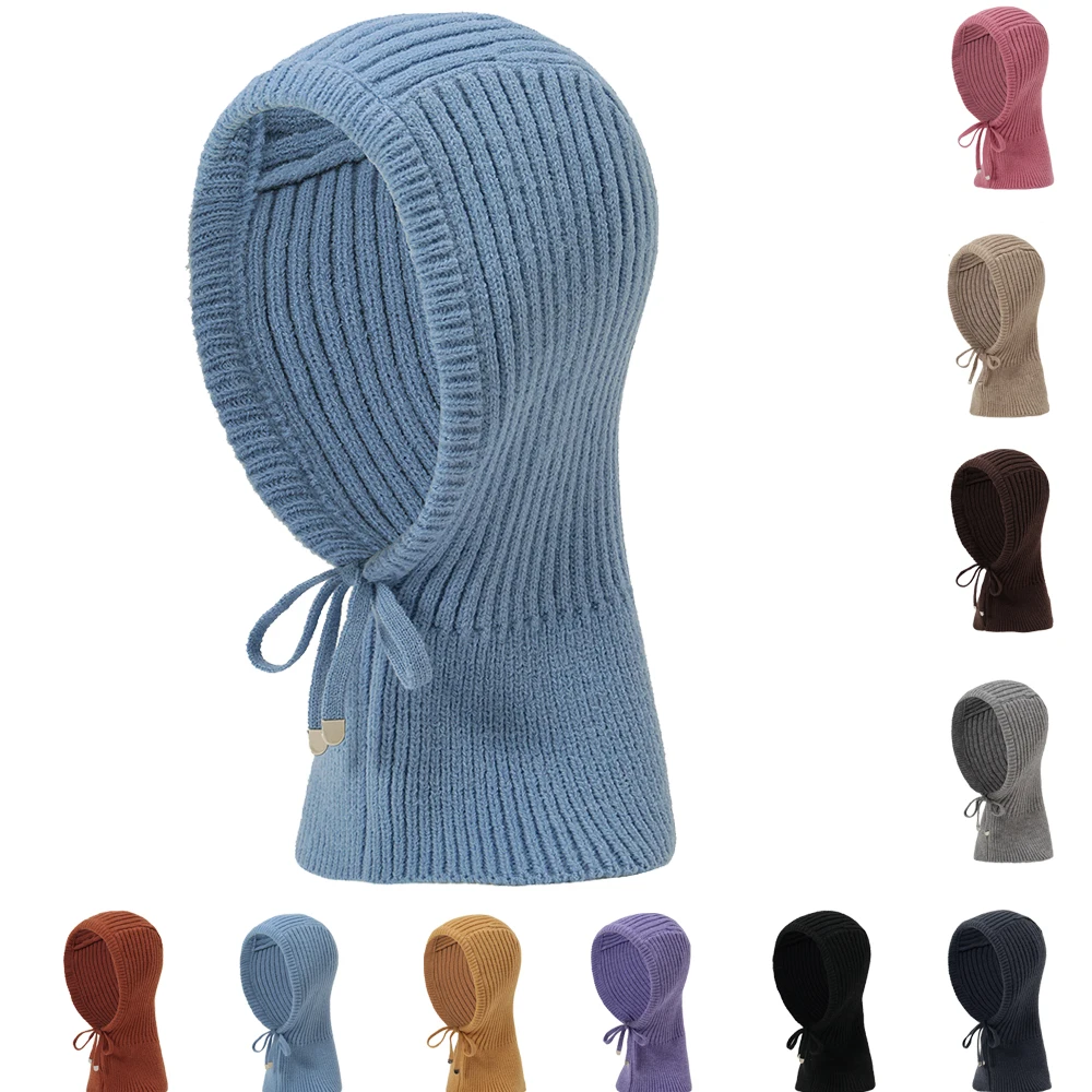 

Winter Warmer Balaclava Cap For Men&Women Drawstring Beanies Hats Solid Color Unisex Knitted One-Piece Hooded Cap Earmuffs Hats