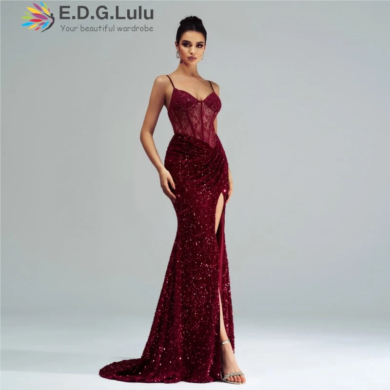 EDGLuLu Sexy Embroidered Lace Patchwork With Red Sequins Dresses 2024 Women V-Neck Sleeveless High Slit Long Mermaid Dresses1230