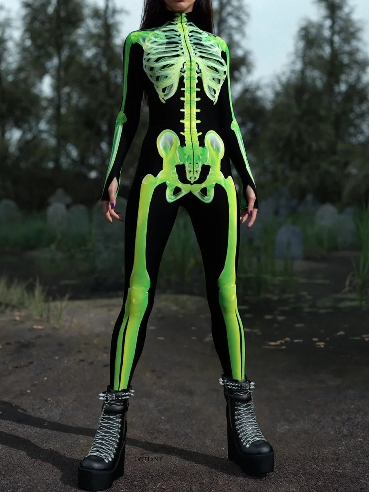 IOOTIANY Damen Grüner Sexy Horror-Skelett-Geister-Bodysuit-Set Halloween Karneval Party Aerial Bühnenauftritt Kostüm-Set – Detail 3