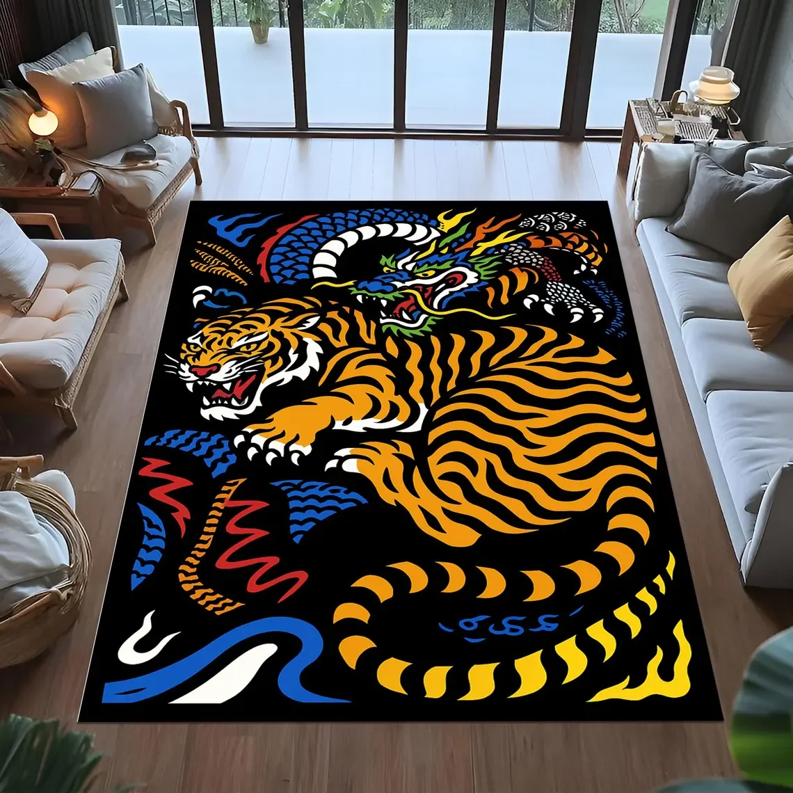 Tigerdrachen-Teppich, japanisches Tattoo, asiatische Kunst, Boden-Akzent-Teppich, Wohnzimmer, Schlafzimmer, Teppich, Küche, Esszimmer, Bodenmatte, Flur-Teppich