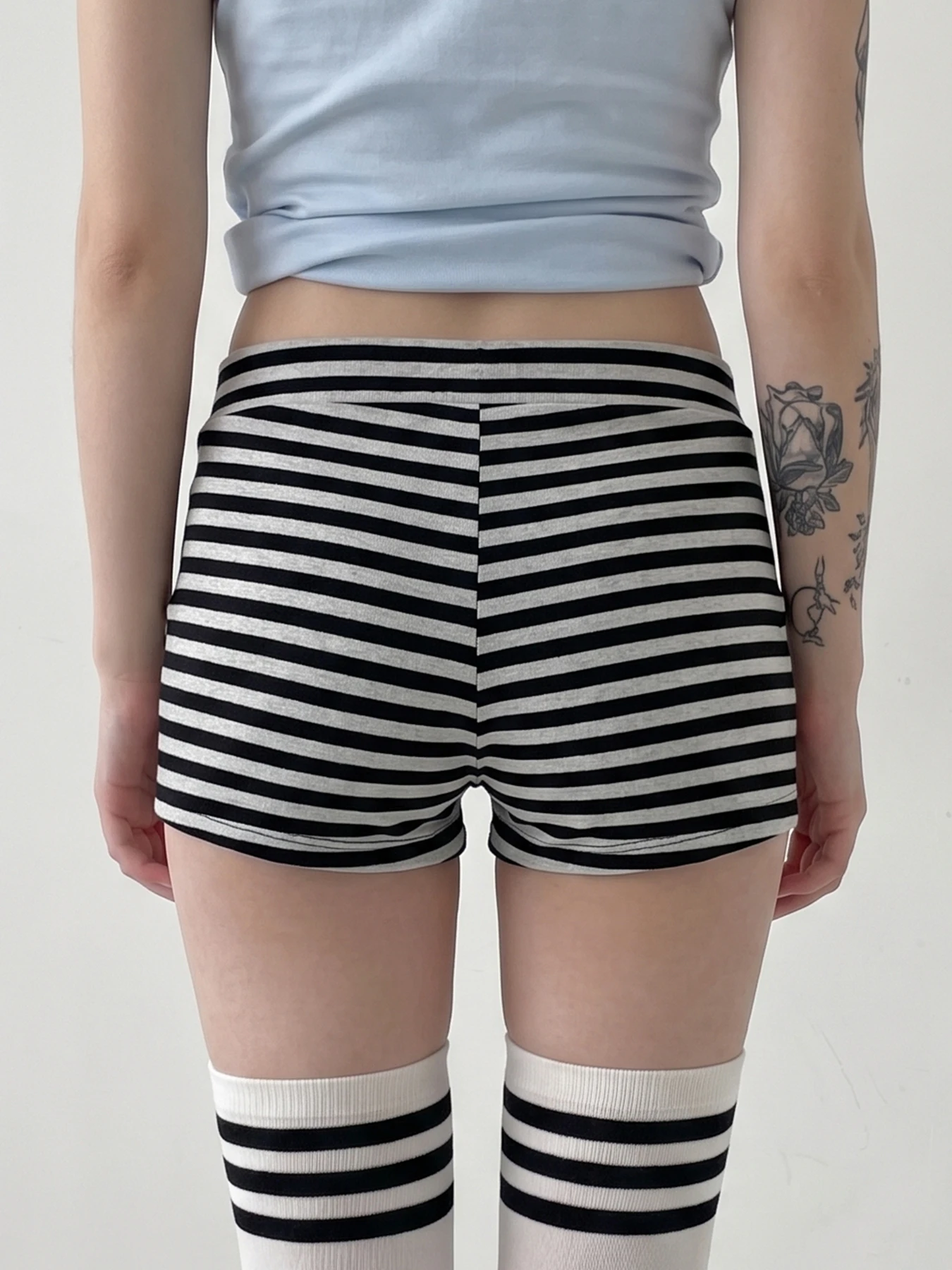Summer Basic Women High Waist Hot Shorts Harajuku Solid Black Gray Stripe Dual Button Front Pocket Elastic Back Casual Bottoms