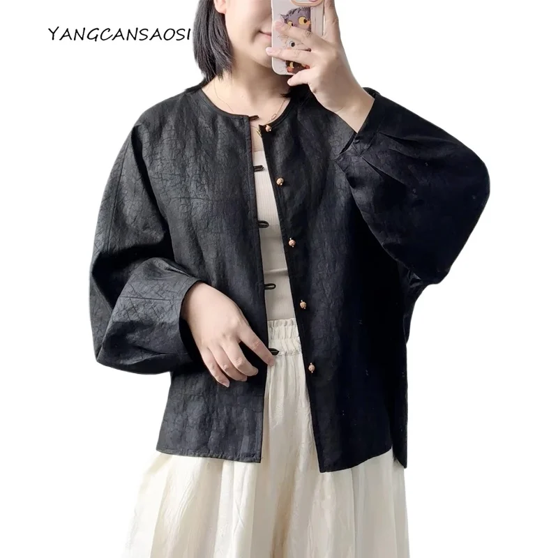 

2025 Women's Fashion Early Autumn New 100% Natural Mulberry Silk Gambiered Guangdong Gauze Round Neck Long Sleeve Cardigan Coat