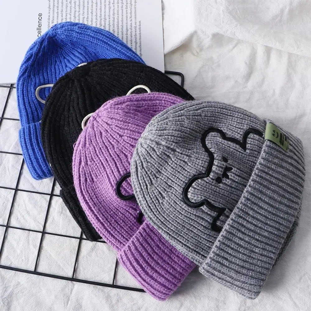 

Simple Cute Skullies Winter Embroidered Bear Stripe Women Beanies Korean Style Caps Knitted Hat Wool Hat