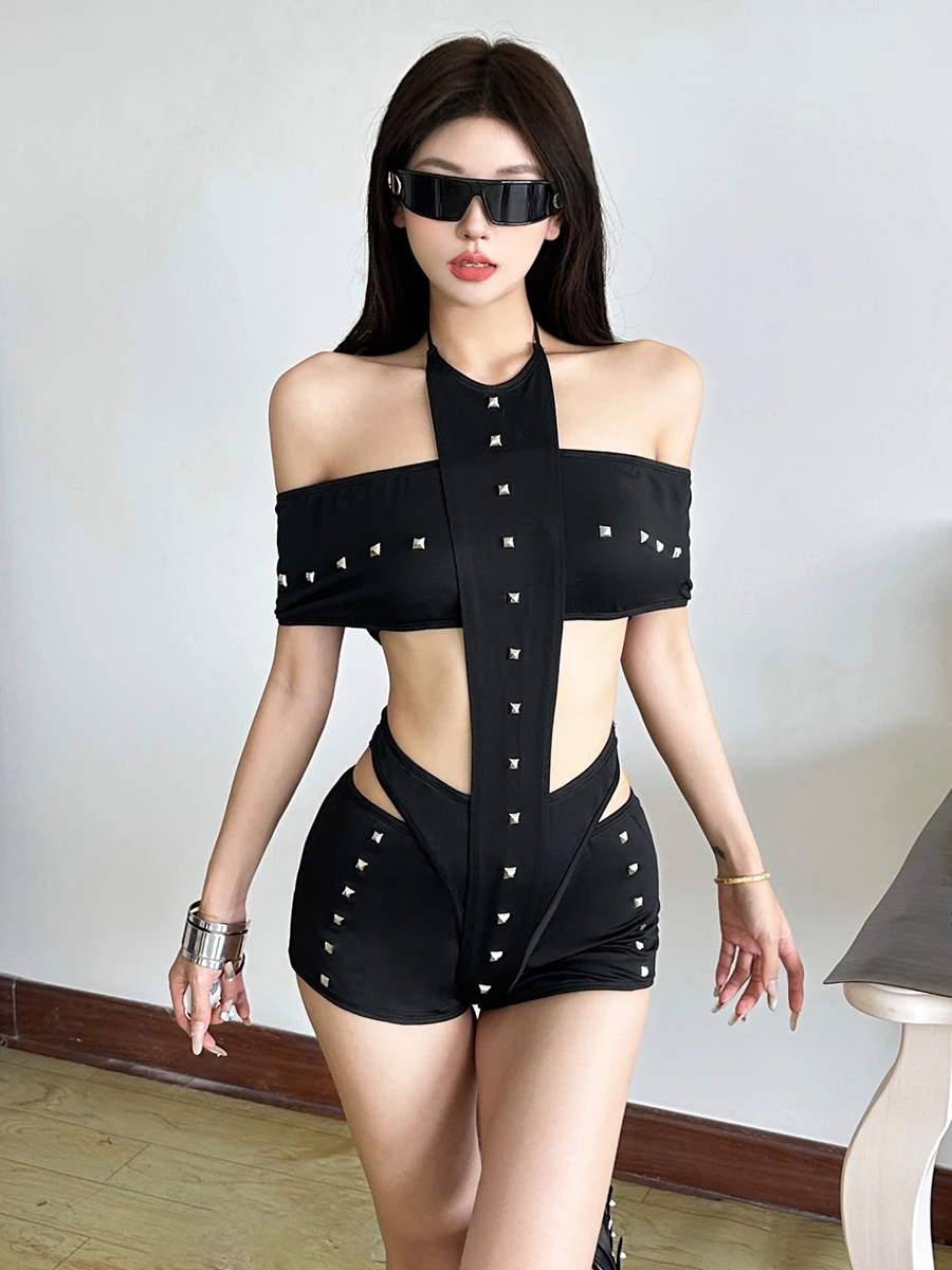 

Sexy Decosition Design Rivet Cross Ne Jumpsuit Slim orts Two Piece Set for Trendy Women Summer Faion Outfit