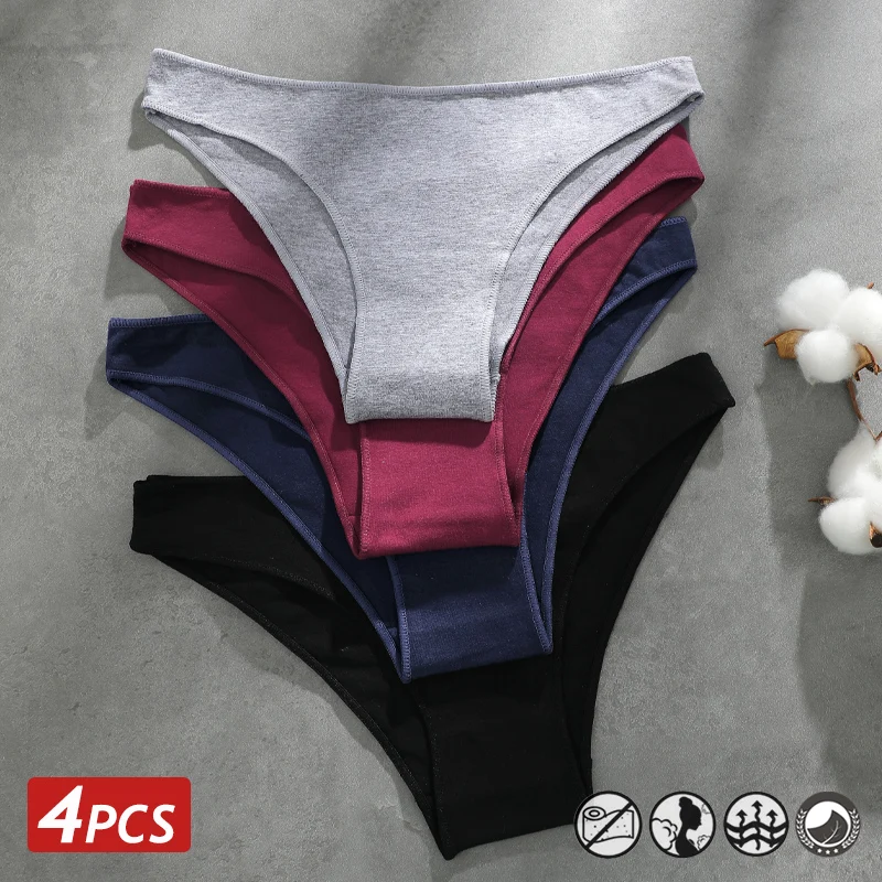4PCS Seamless Cotton Panties Women Solid Color Briefs Sexy Low Waist Underpants…