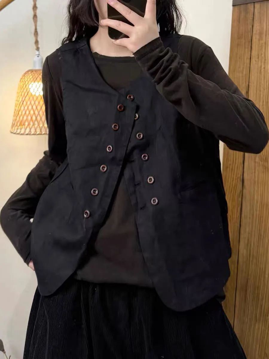 เสื้อกั๊กผ้าลินินทรงหลวมแบบมีสไตล์ ติดกระดุมสองแถว ดีไซน์ซ้อนชั้นลำลอง พร้อมแผ่นเสริมไหล่ สำหรับฤดูร้อน แฟชั่นไซส์พลัสสำหรับผู้หญิง