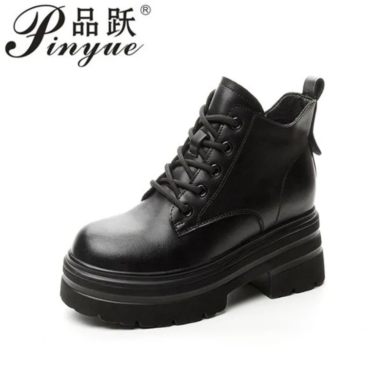 8cm dermis Leather Platform Wedge Women Boots Ankle New Spring High Heel Fashion Autumn British Boots ZIP Lace-up biker boots