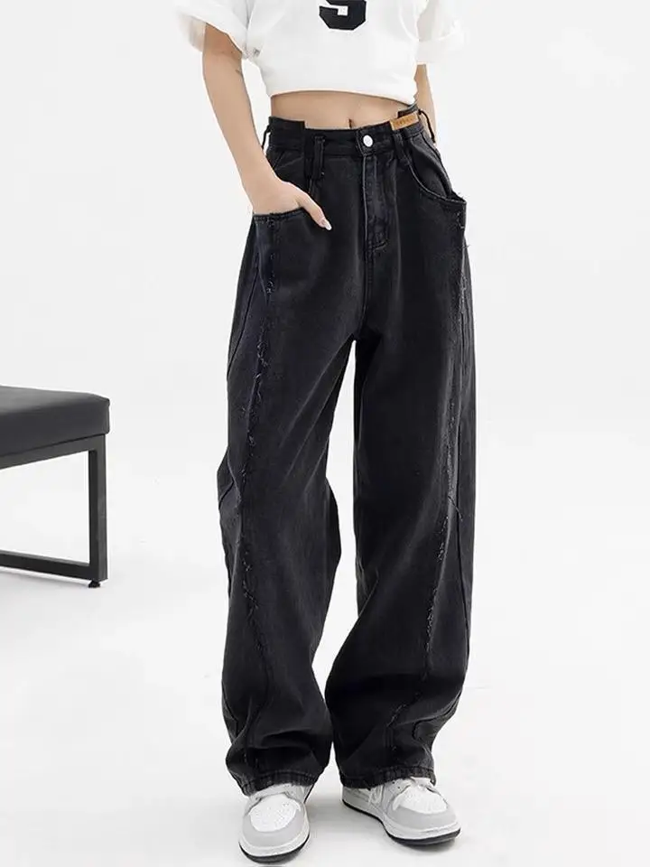 

2023 Women Baggy Long Jeans Harajuku Black Wide Leg Trousers Streetwear Vintage High Waist Denim Pants Big Pocket Y2k Feamle