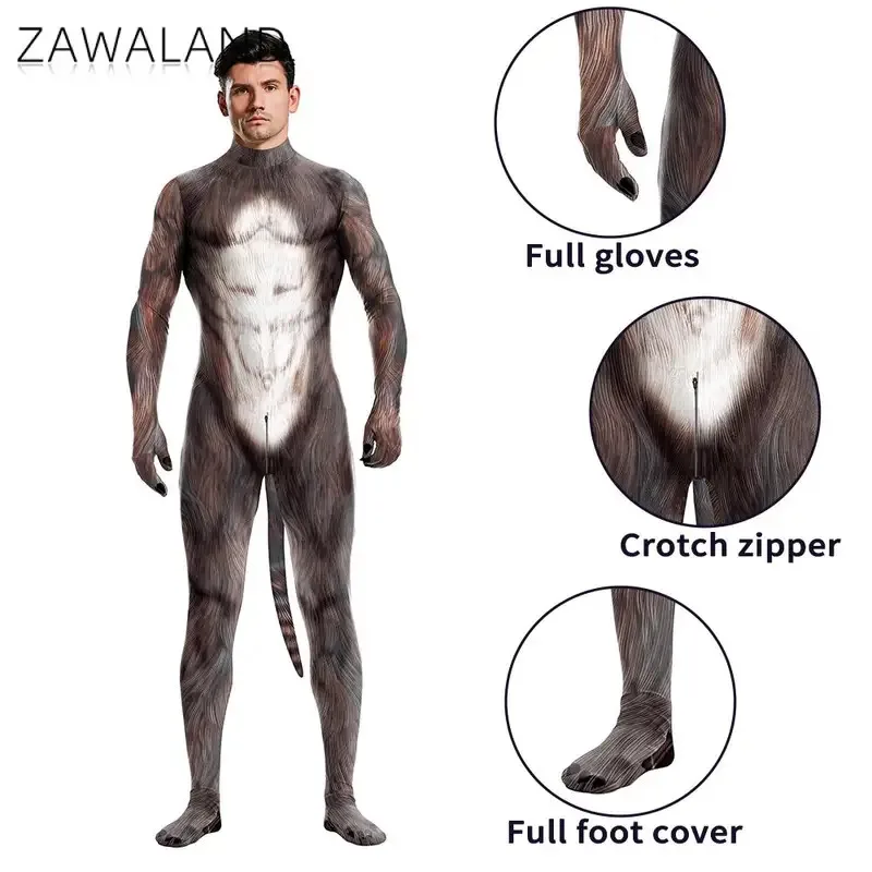 Zawaland Dog Puppy Men Petsuit with Tail Red Blue Husky Fancy Disguise Wear Halloween Deer Costumes Crotch Zipper Full Bodysuit