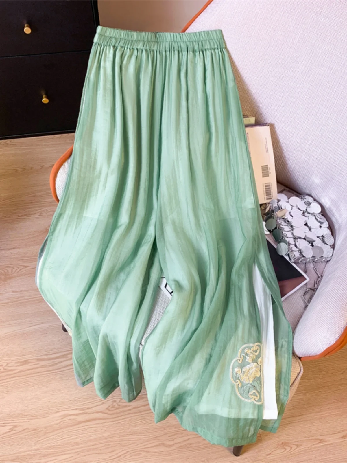 Verano Fre Color puro pantalones de pierna ancha cintura elástica seda algodón lino nueve puntos viaje Sle pantalones casuales para mujer