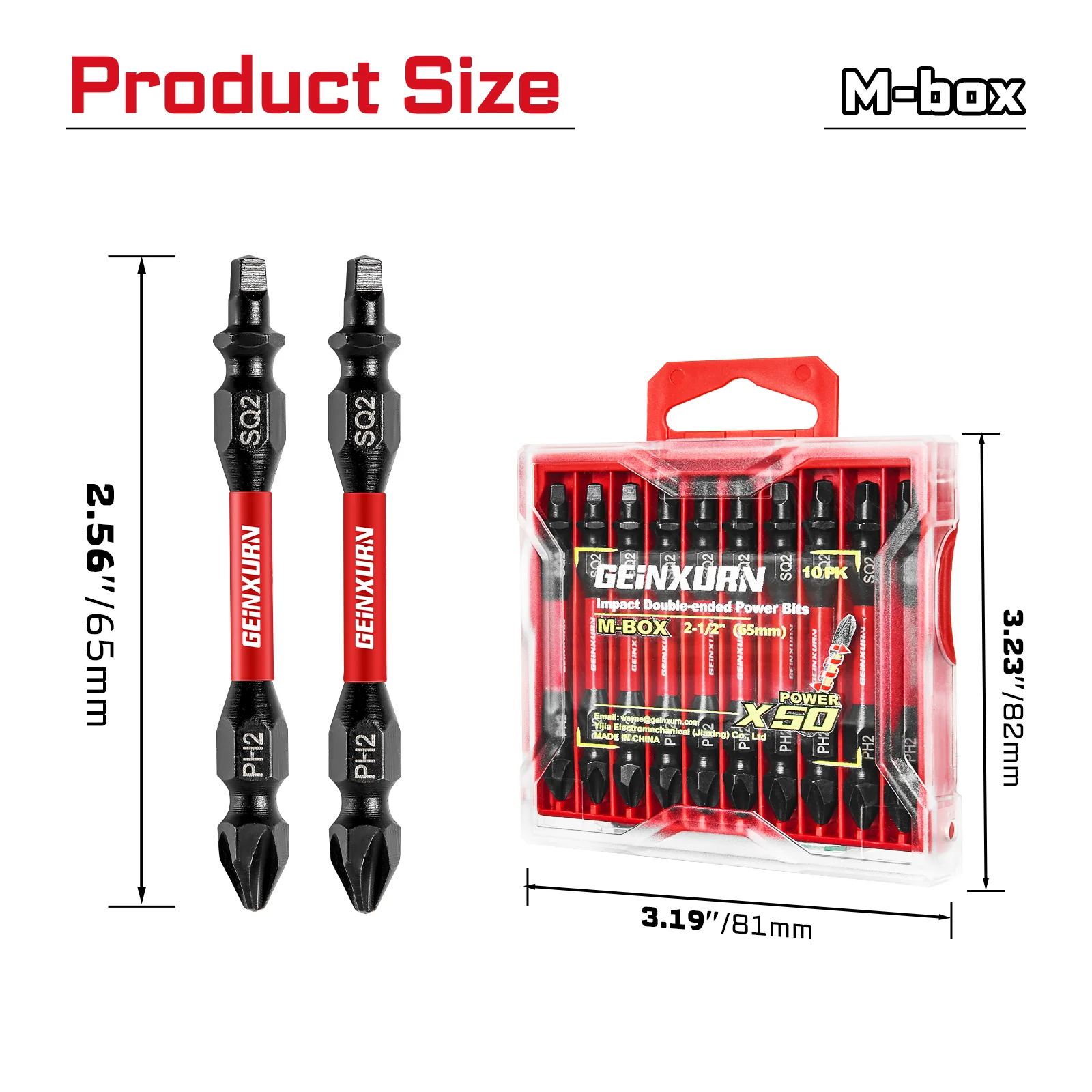 Geinxurn PH2-SQ2 Impact Double End Screwdriver Bit Set, 2.56’’ #2 Phillips/#2 Square, Magnetic S2 Steel, 2-Sided Bits