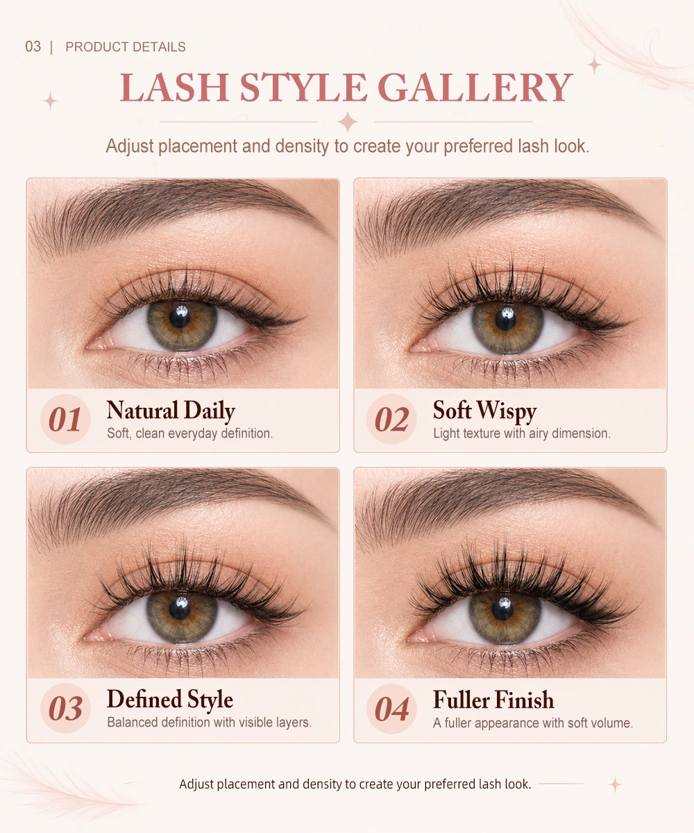 Yelix DIY Cluster Lashes Wispy Soft Selbstklebende Falsche Wimpernverlängerungen Großhandel für Schönheitssalons und Distributoren – Detail 4