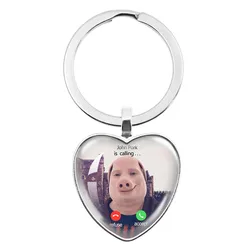 Charm Keychain John Pork is Calling Answer Call Phone Humor Funny Pig Lover Graphic Glass Heart-Shape Pendant Key Jewelry Gift