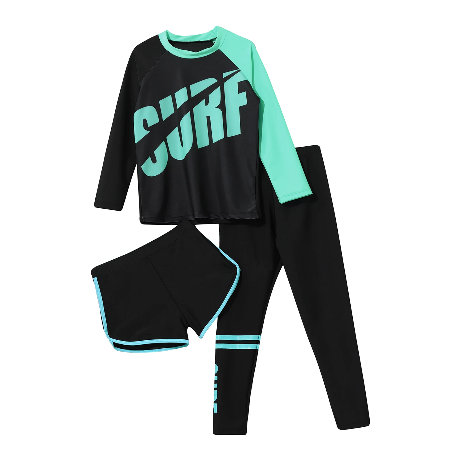 3 Pcs Kids Girls Boys Long Sleeve Swim Top Shorts with Pants Set Swimsuit Bathing Suit Unisex Sun Protection Rash Guard Swimwear