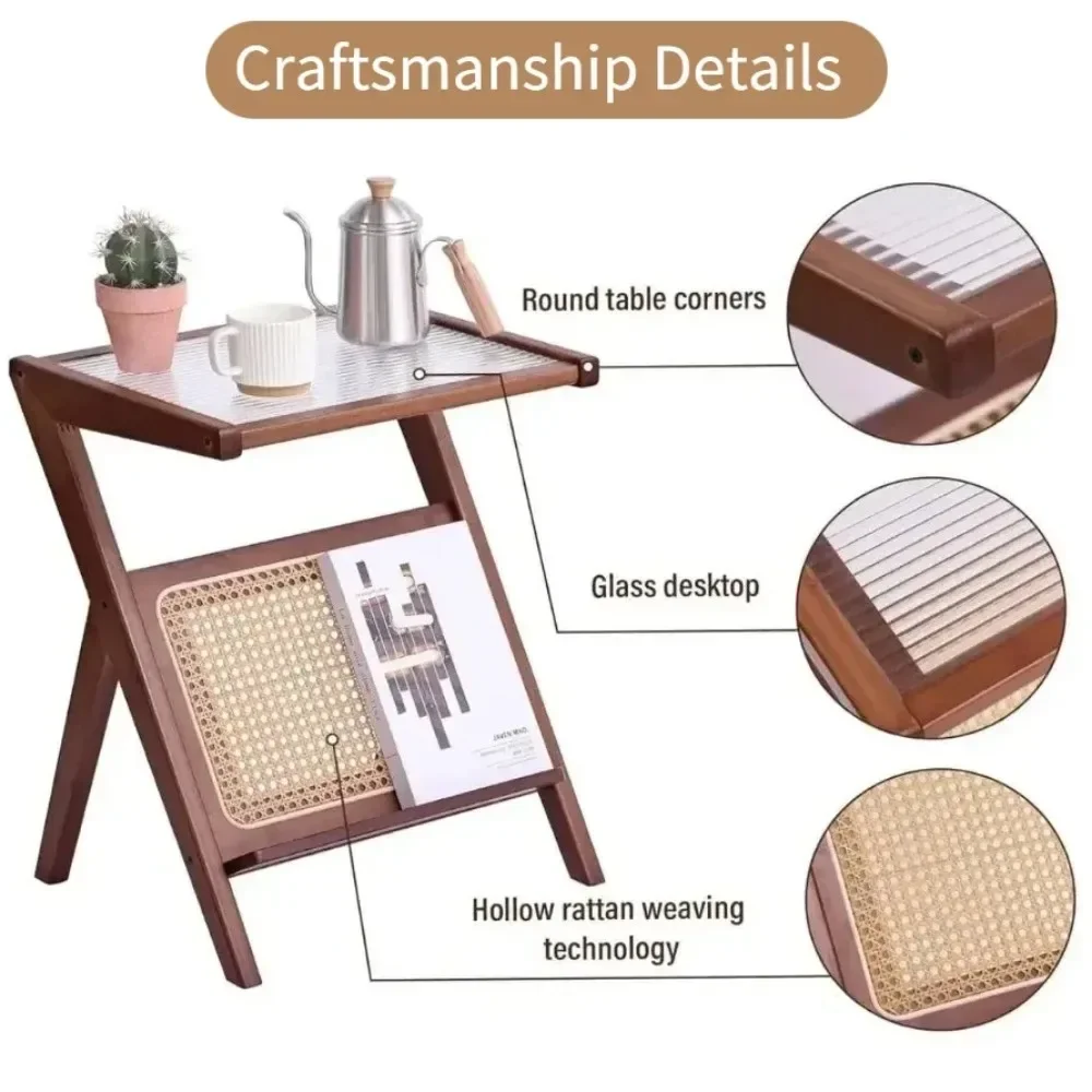 Z Shaped Coffee Tables Small Side Table For Living Room Bamboo End Table With Glass Top Magazine Rack Household Sofa Side Desk