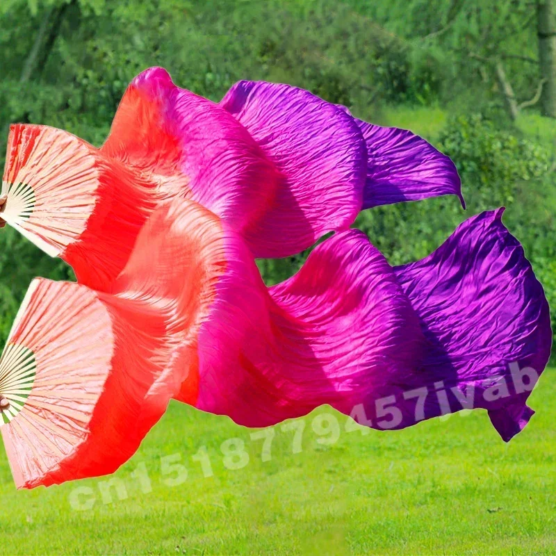 1 para prawdziwych jedwabnych wachlarzy, długie, z gradientem kolorów, do tańca brzucha, chińskie wachlarze taneczne, klasyczny rozmiar, rekwizyty do tańca weselnego, długie jedwabne wachlarze