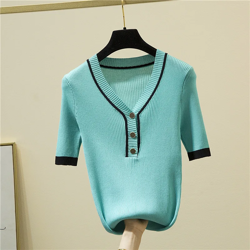 Ice Silk Collar Short Sleeve Shirt Women's Summer New Contrast Color Button Slim Fit Slimming Knitted Bottoming Shirt Women