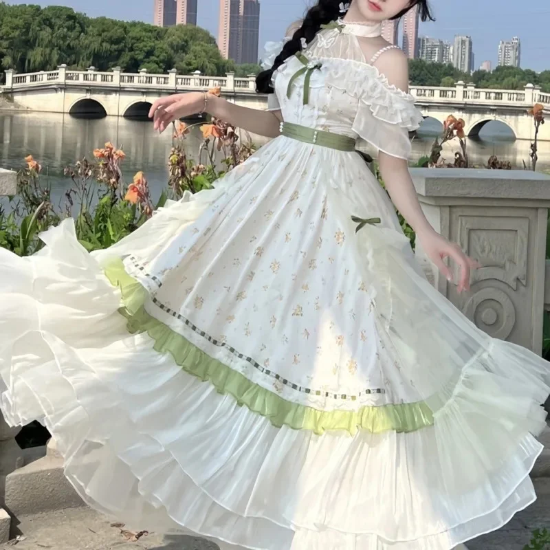 Vestidos de bolo de arco y2k jk gótico lolita vestidos kawaii em camadas pulôver verde roxo renda oco para fora vestido de manga longa novo