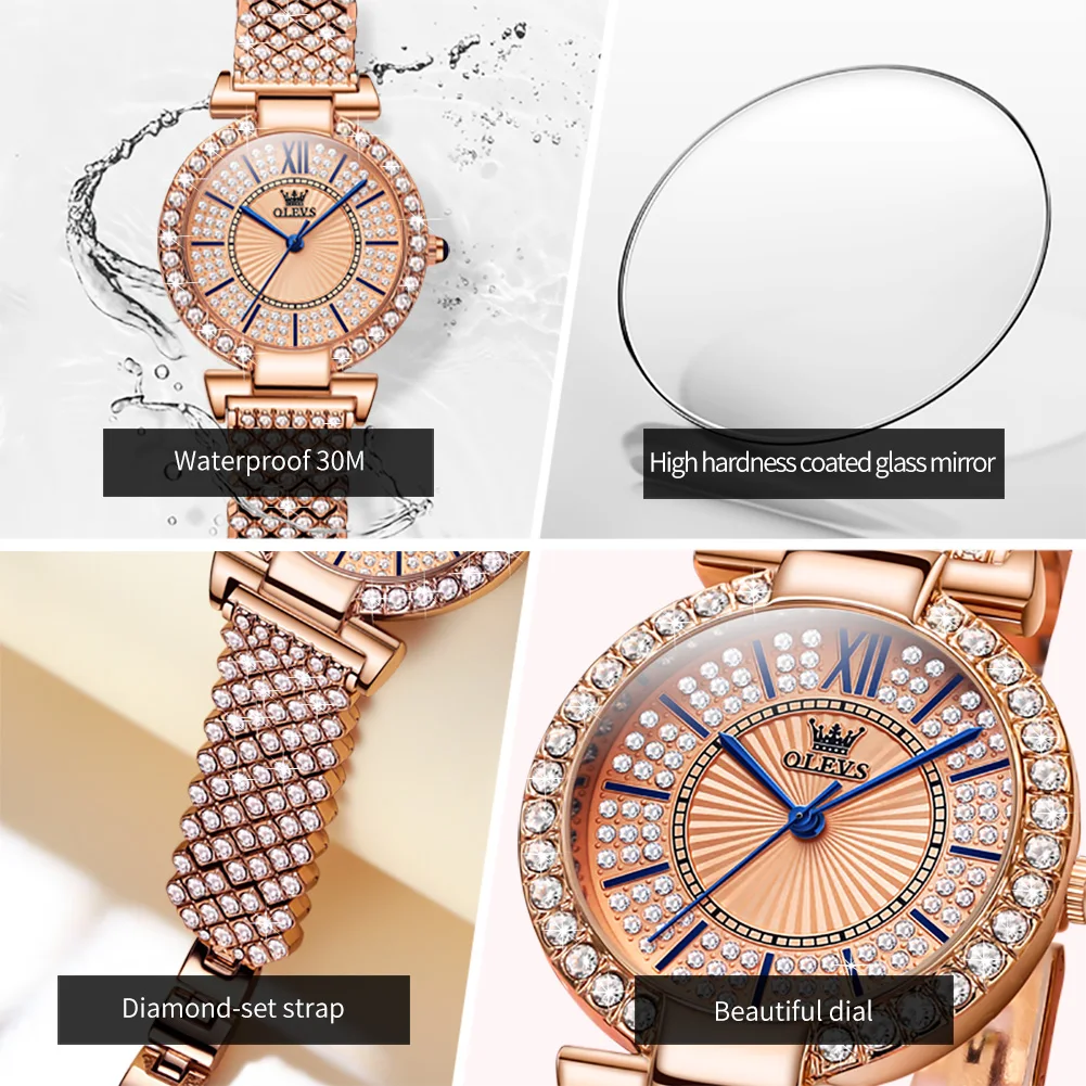 OLEVS 9942 Full Diamond Luxury Quartz Watches for Women Fashion Elegant Rose Gold Steel Strap Waterproof Ladies Dress Wristwatch