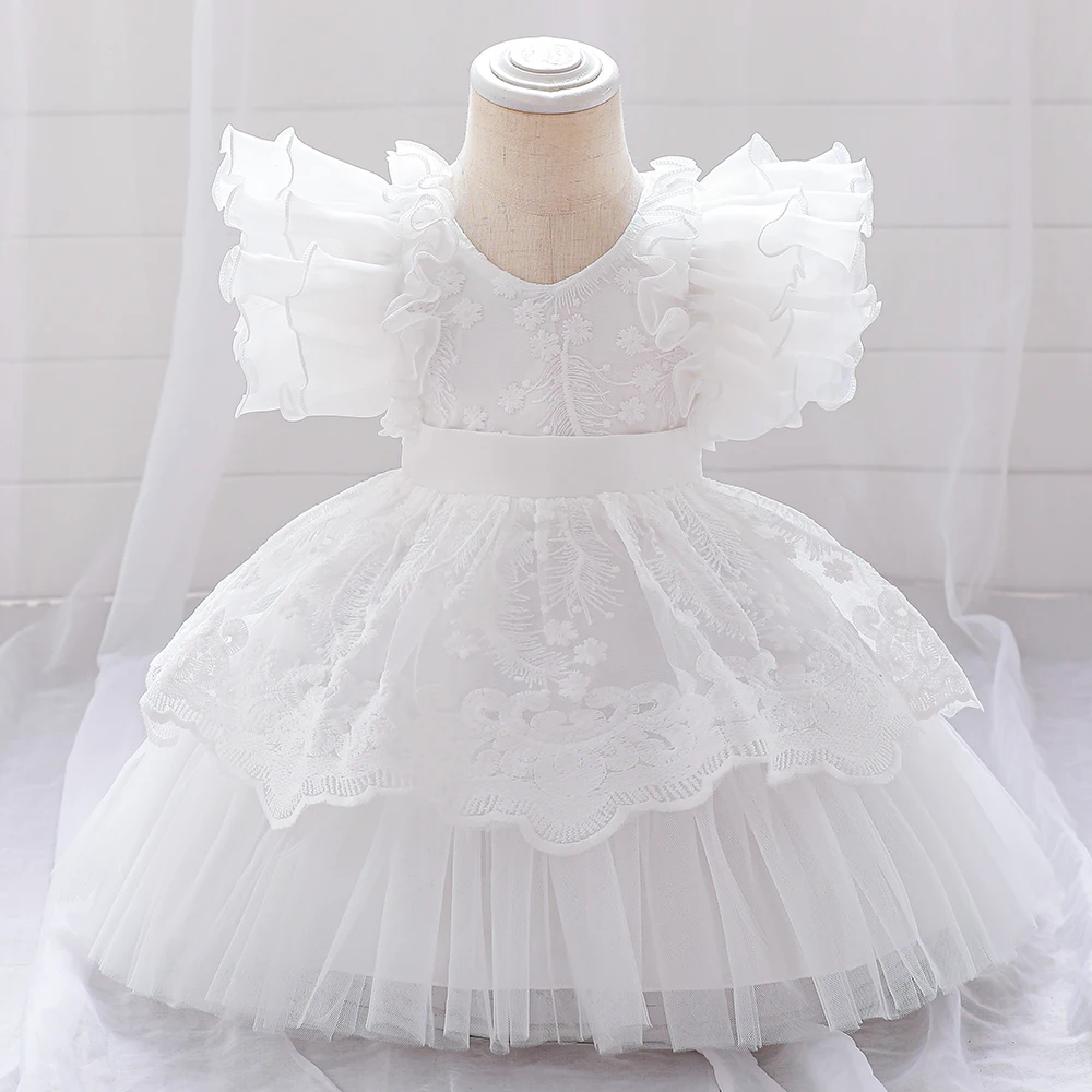 Baby Girl Wedding Princess Dress Kids Party Simple Mid-calf Ball Gown Costumes Cute Fairy Tale Style Mesh Puff Sleeve Clothes