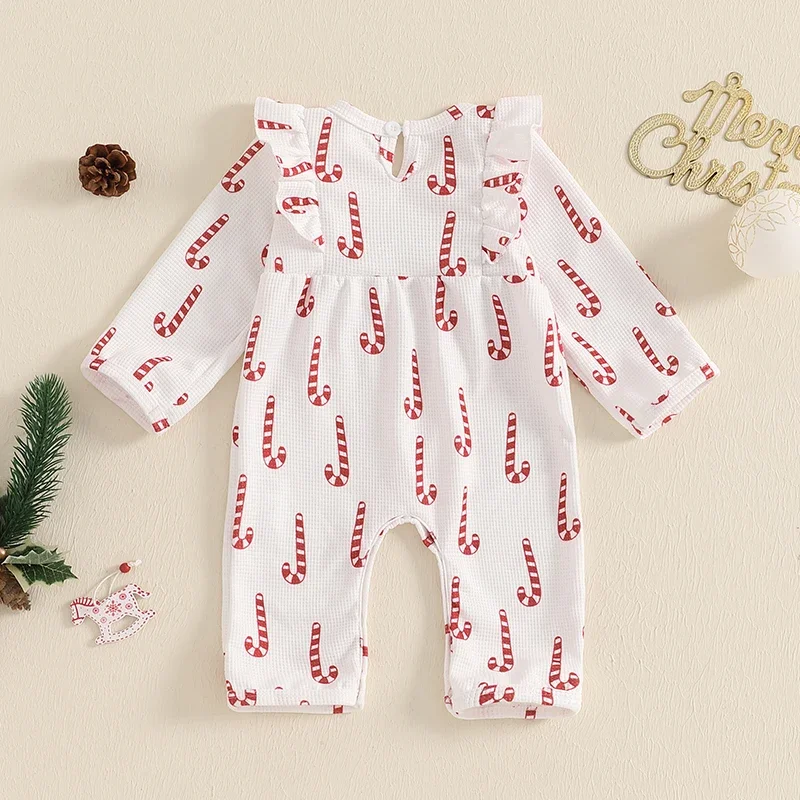 VISgogo Newborn Baby Girls Christmas Jumpsuit Long Sleeve Candy Cane/Christmas Tree Print Rompers Baby Fall Clothes