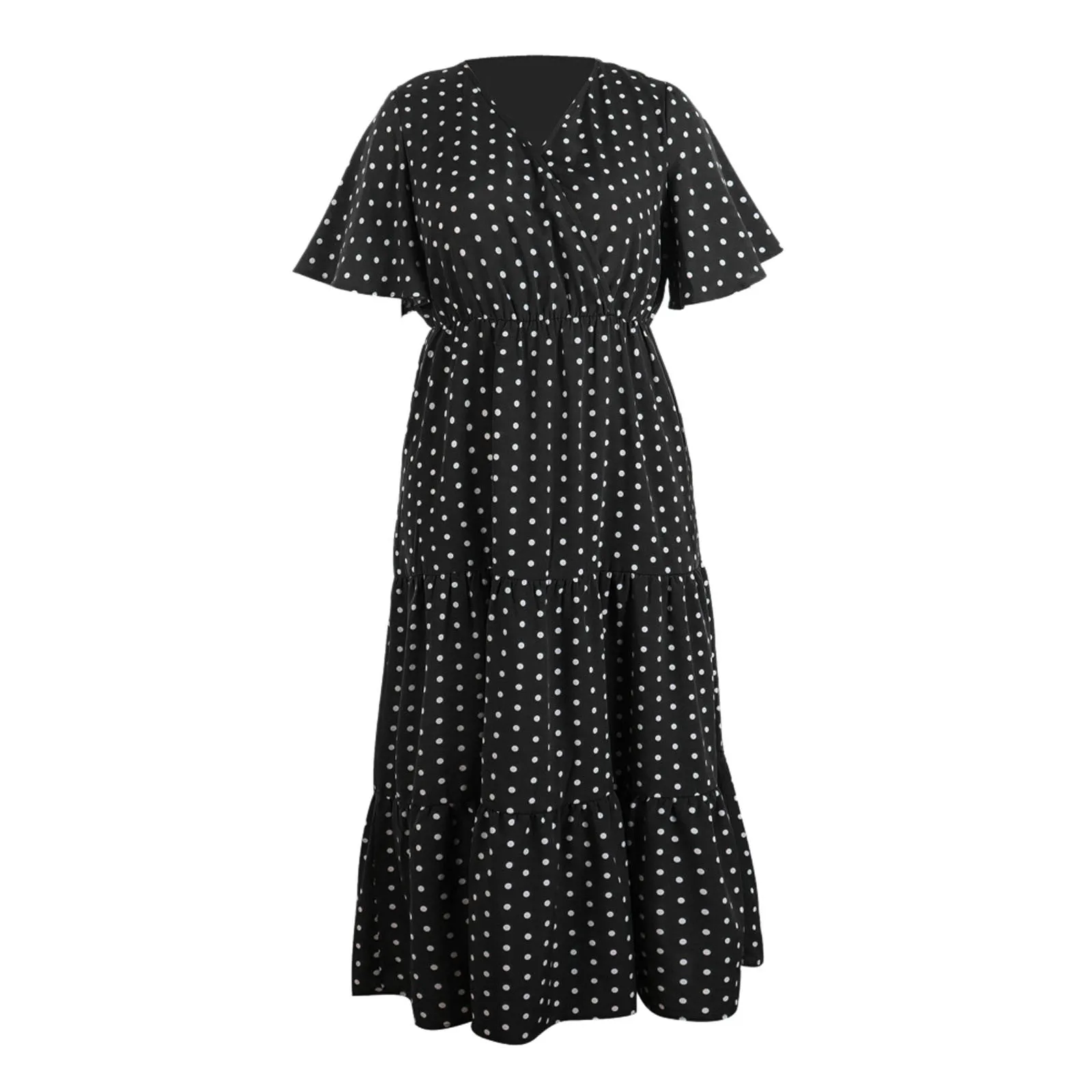 Vintage Chic Women Polka Dot Short Sleeve Beach Bohemian Maxi Dress Ladies Rayon Cotton Summer High Low V-Neck Boho Dresses Robe
