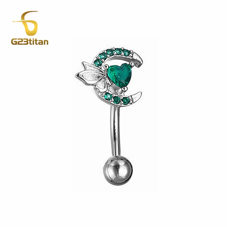 G23Titan 14G Inverted Moon Shape Heart With Wing Navel Ring Green Zircon Crystal Titanium Bar Piercing Anti Allergic Belly Jewel