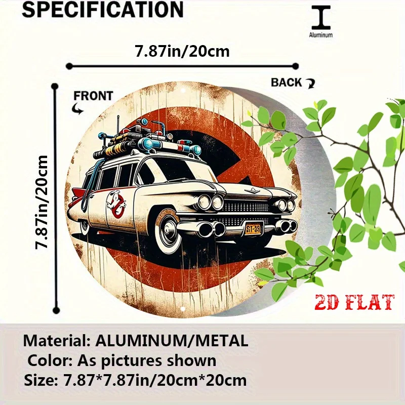 2D Flat, 1pc Ghostbusters Ecto-1 Retro Metal Sign - Iconic 80s TV/Movie Logo, 19.81cm Round Aluminum Wall Art for Home,
