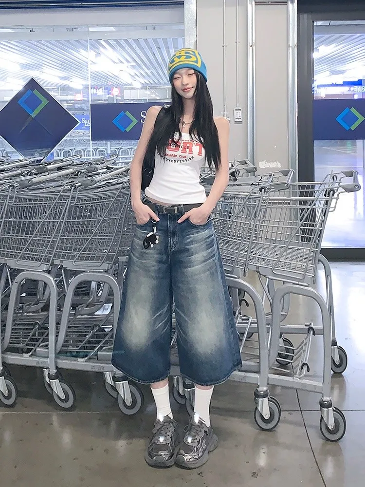 

American Style High Waist Straight Leg Jeans Women plus Size Slimming Loose Wide Leg mid Length Pants Draping Seven-Five