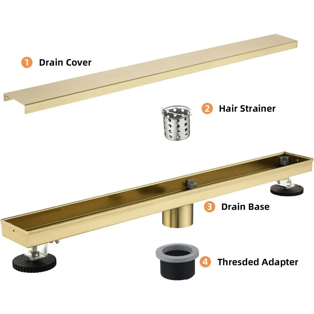 24 تصريف دش من الفولاذ المقاوم للصدأ باللون الذهبي المصقول مع حشوة للبلاط، صائد الشعر، تصريف أرضي مستطيل للتصميم الخطي #5