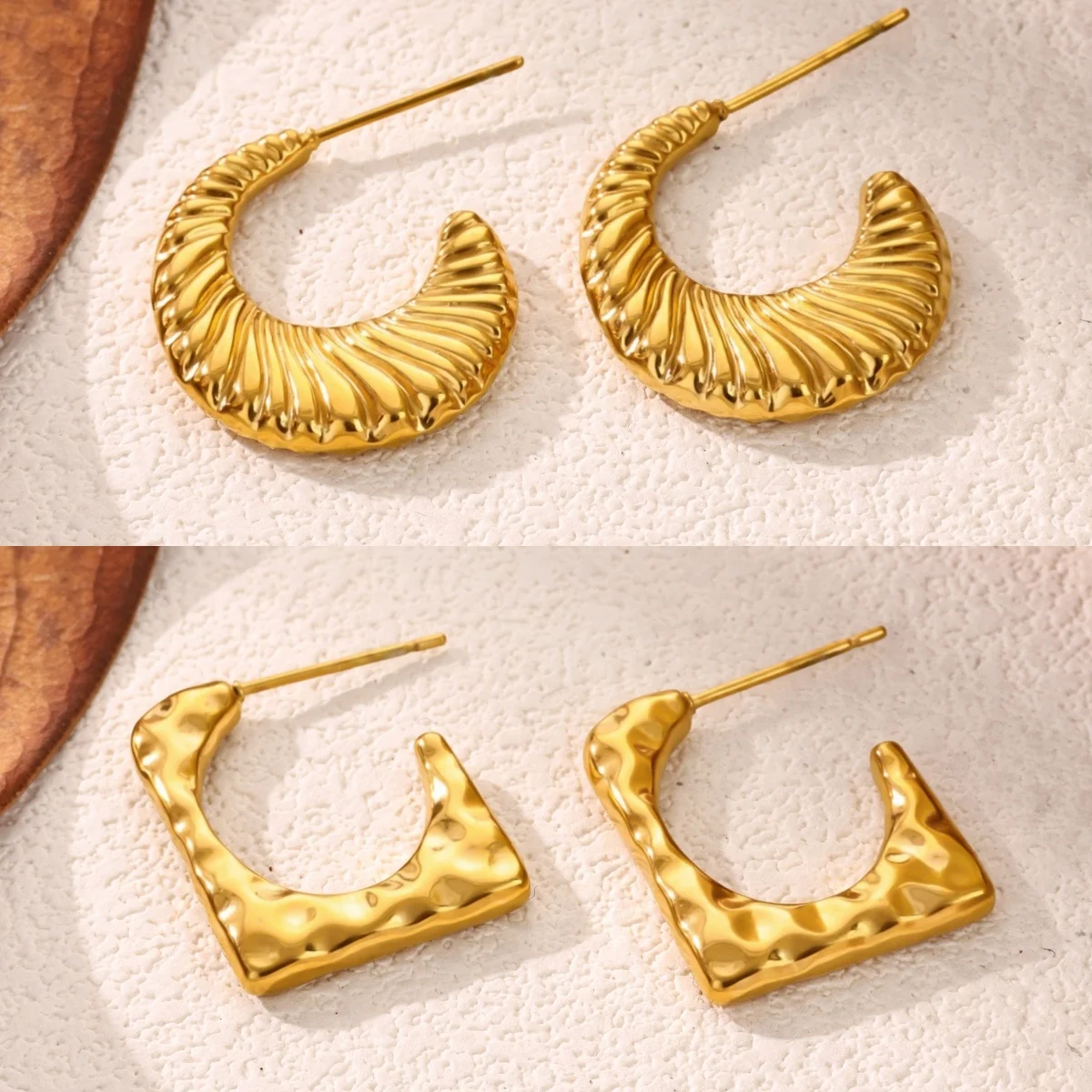 Vintage Gold Color Stainless Steel Hoop Earrings Hammered Geometric Square Pleated Chunky Croissant Earring Women Jewelry
